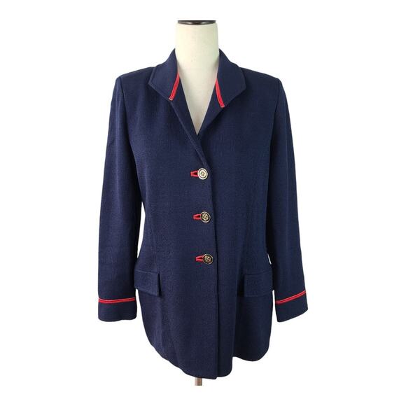 St John Navy Blue Red Gold Button Front Knit Cardigan Sweater Medium - Picture 1 of 5